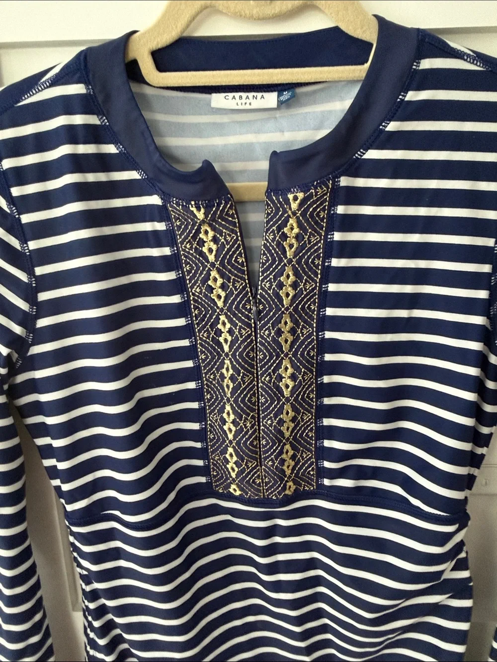 Cabana Life Navy and White Striped Swim Coverup with Embroidered Placket